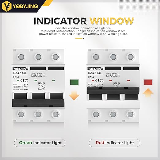 DC Circuit Breaker 63 Amp Solar Panel Disconnect Switch 12V-500V 3 Poles Miniature Solar Circuit Breaker for Outdoor PV Homes Battery, AC 110V DIN Rail MCB