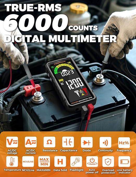 Digital Multimeter Tester 6000 Counts TRMS, Smart Multimeter Rechargeable, Auto-Ranging Volt Meter Measures Voltage Current Resistance Diodes Continuity Capacitance Temperature NCV