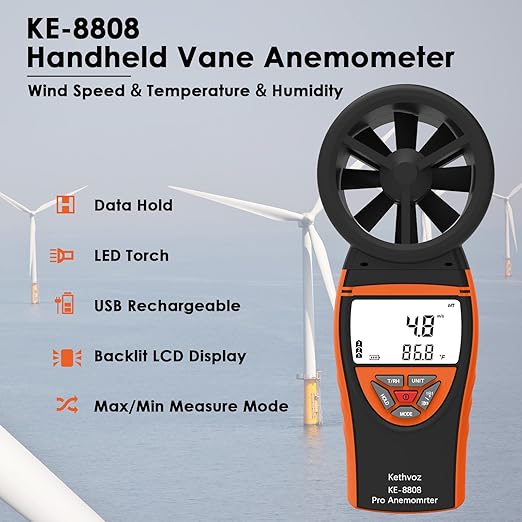 Handheld Vane Anemometer Air Flow Tester, Kethvoz Digital Wind Speed Meter Measure Air Velocity 0.3~30m/s, Test Temperature Humidity, Portable Carrying Case Included