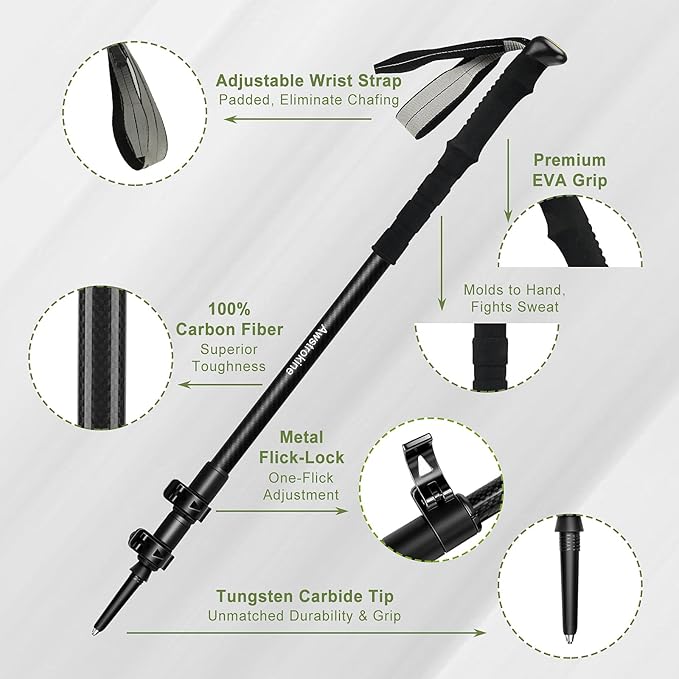Ultra Light Carbon Fiber Hiking Trekking Poles - 6.07oz Nordic Trekking Sticks with Full EVA Grips & Quick Locks, All-Terrain Hiking Sticks for Seniors, Men & Women, Set of 2