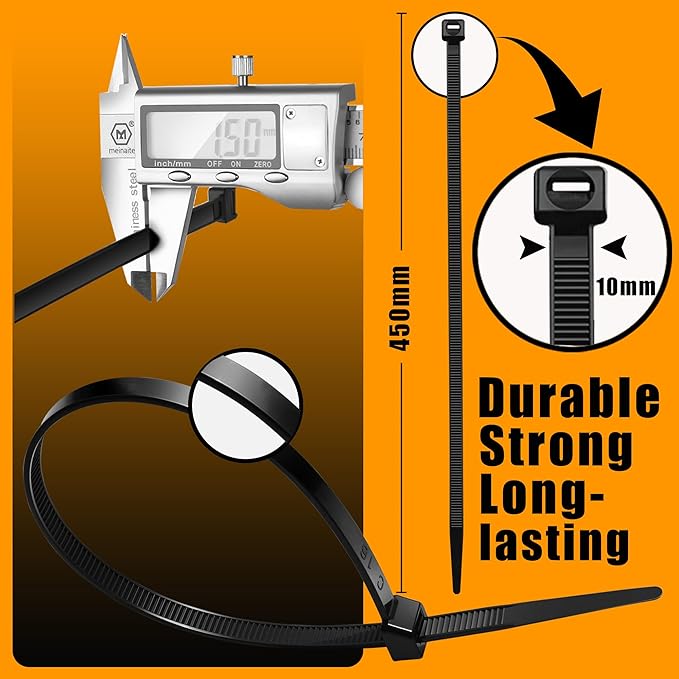 Ultra Heavy Duty 200 Pounds Tensile Strength 18 Inch x0.39 Inch 100 pcs, Black Zip Ties for indoor and outdoor use, Industrial Multi-Purpose UV Resistant, Wide and Thick Zip Ties