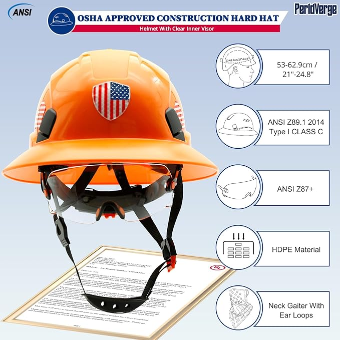 Full Brim Hard Hats Construction OSHA Approved with Visor-Vented Hard Hat with Neck Gaiter with Ear Loops,Safety Hard Hats for Men with Chin Strap ANSI Z89.1 Type 1 Class C,6-pt Suspension