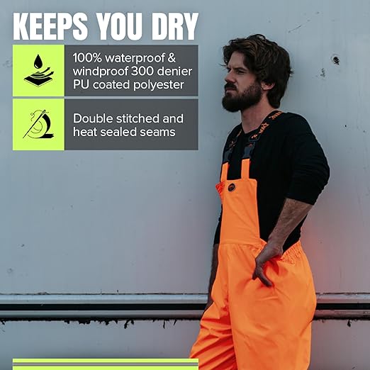 Pioneer Hi Vis Ripstop Waterproof Bib Pants/Overalls for Men - Reflective Safety Work Rain Pants - High Visibility Orange