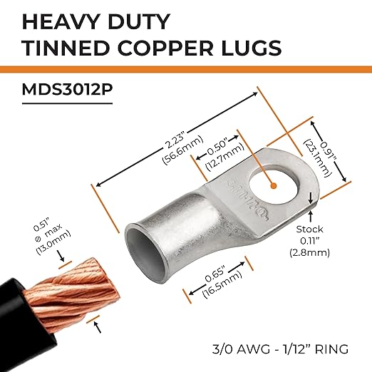SELTERM 5pcs 3/0 AWG 1/2" Stud Tinned Copper Wire Lugs, Ring Terminals, Battery Cable Ends, 000 Gauge Ring Terminal Connectors, UL Marine Grade Electrical Terminal Connectors