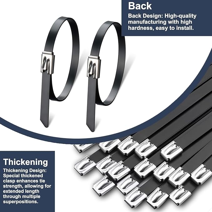 30PCS 11.8" Black Epoxy Coated Metal Zip Ties, Heavy Duty Self-Locking Stainless Steel, Corrosion Resistant for Harsh Environments, Ideal for Machinery, Vehicles, Farm, Cable & Pipe Binding