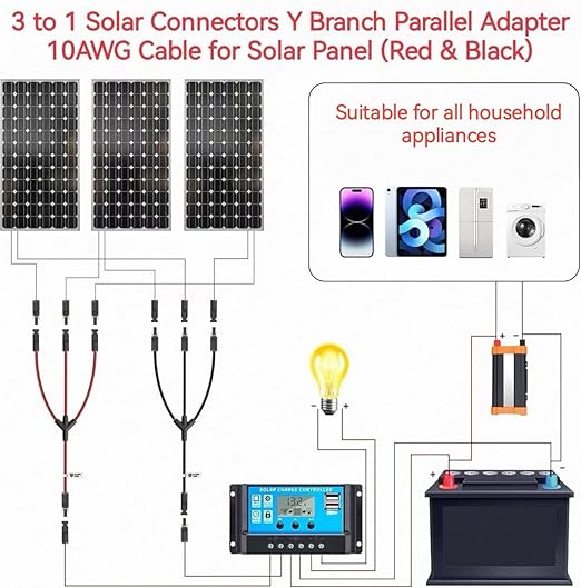 3 to 1 Solar Panel Connectors Y Branch, 1500V DC 30A, PPO Material, Parallel Connection for Solar Panels, Universal 10AWG Solar Connectors,2 Pairs Red-Black
