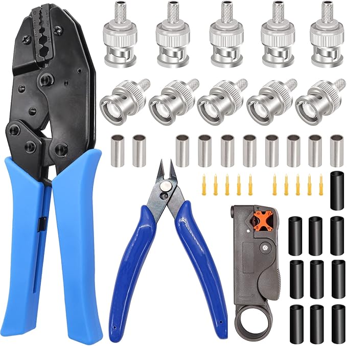Taiss Coaxial Cable Tool Kit BNC Crimp tool with 10PCS BNC Male Crimp Connector,Coaxial Cable Stripper Cutter,Wire Cable Cutter and Heat Shrink Tube for RG58/RG59/RG62/RG174