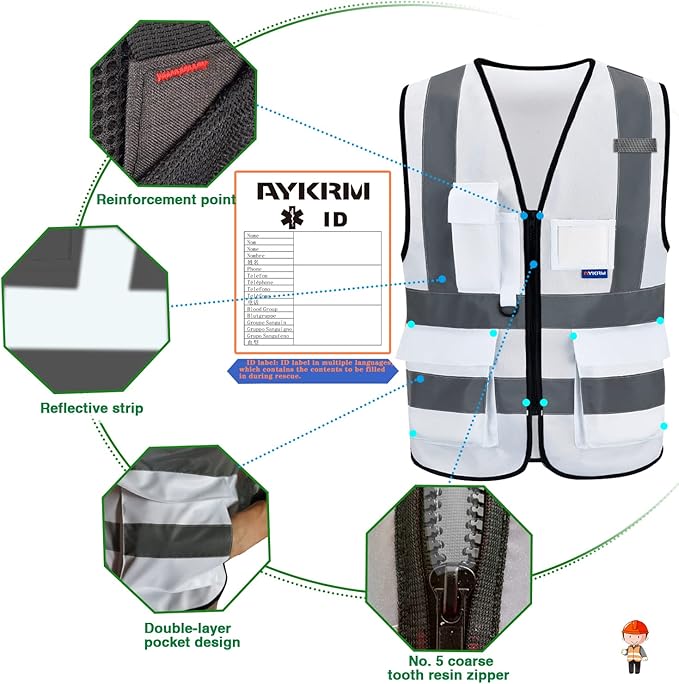 A-SAFETY Hi Reflective Safety Vest,Hi Vis Bright Neon Colors Safety Vest with 4 Reflective Strips 7 Pockets(White XXXL)
