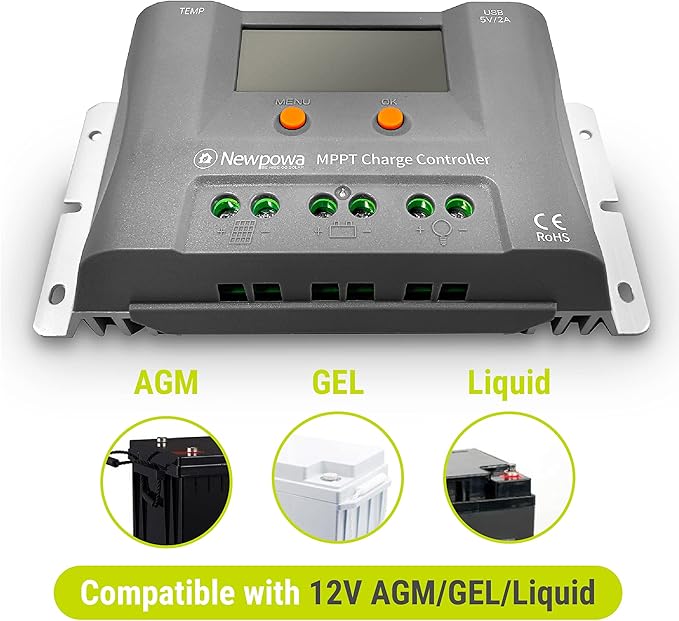 Newpowa 10A MPPT Solar Charge Controller Charge 12V Battery Regulator Dual USB Ports Negative Ground W/LCD Display Up to 130W Off Grid Solar Panel Adjustable for Gel AGM,Liquid Batteries