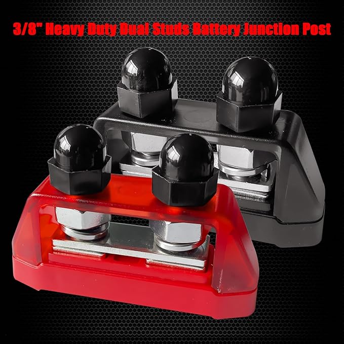 Ampper 3/8" Power Distribution Block Bus Bar 12V 250A, Dual Studs M10 Busbar Battery Junction Post Distribution Block for Car and More (W/Cover, Red and Black)