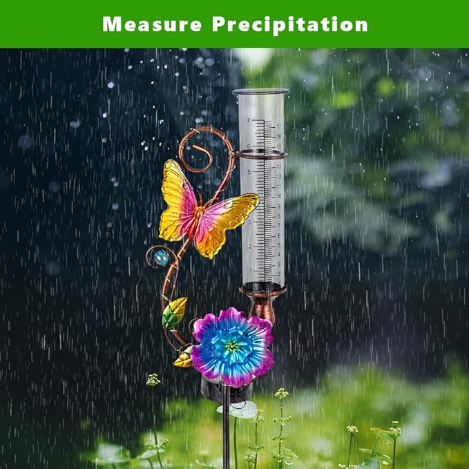 Butterfly Rain Gauge Outdoor, Solar Rain Gauge with Metal Stake, 7 Inch Tube Decorative Color Lights Rain Measure Gauge for Patio, Lawn, Garden
