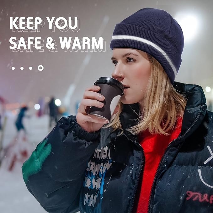 Reflective Knit Hat Safety Beanies Adult High Visibility Beanie Neon Winter Knit Caps with Reflective Stripe
