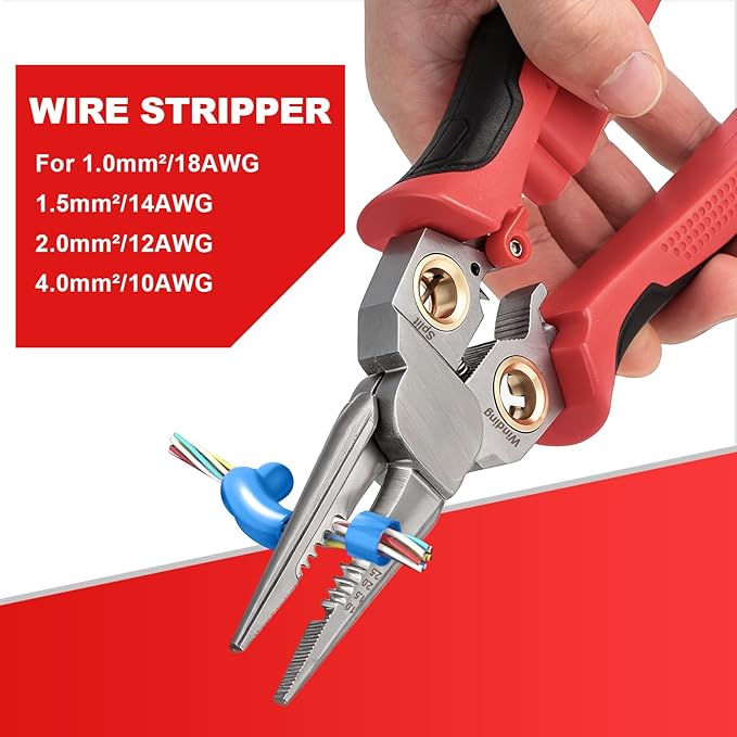 Pro 8-in-1 Wire Stripping Pliers with Voltage Tester for Live/Neutral Wires 12–250V, Needle Nose Pliers, Wire Cutter, Crimper and Wire Twister, Heavy Duty Electrical Tool for Electricians(Red)