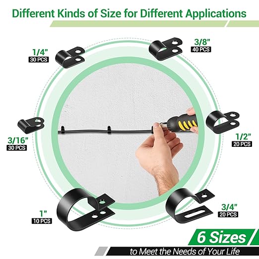 Cable Clips for Cable Management Cord Organizer, 6 Sizes 300 PCS Nylon R-Type, 3/16'' 1/4'' 3/8'' 1/2'' 3/4'' 1'' Black Plastic Screw Mounting Cord Fastener Clamp Assortment Kit with M4 Screws
