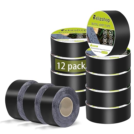Joist Tape for Decking, 1 5/8" x 50' Butyl Tape, Waterproof Anti-Corrosion Joist Flashing Tape, Self-Adhesive Deck Joist Tape, Butyl Deck Tape for Flashing Deck Joists and Beams Protection（12 Rolls）