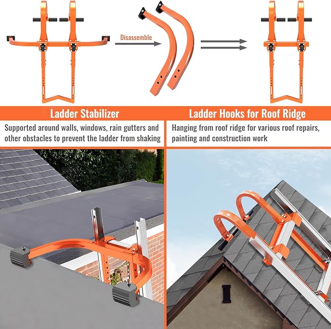 2 in 1 Ladder Stabilizer & Ladder Hook for Roof Ridge, Heavy Duty Ladder Roof Hooks with Rubber Grip T-Bar, Secure and Stable Ladder Standoff Arms for Roof Gutter with Anti-Slip Rubber Feet