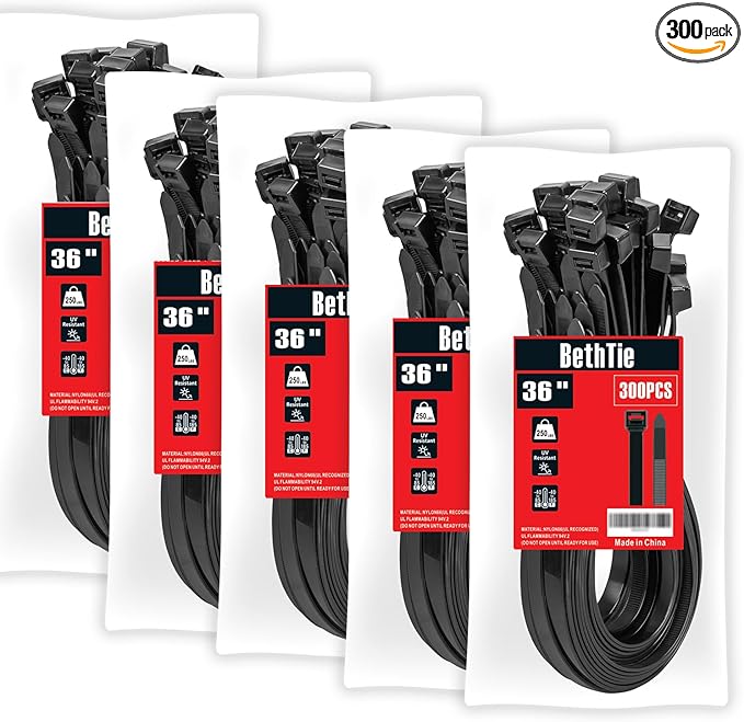 BethTie Black 36inch Zip Ties Heavy Duty 300 PCS, 250 LBS Ultra Strong Plastic Wire Ties, Large Cable Ties Extra Long Tie Wraps, Indoor and Outdoor UV Resistant
