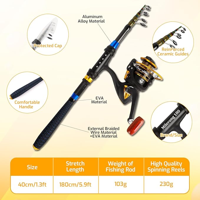 Kids Fishing Pole Set, Telescopic Fishing Rod and Reel Combo Kit for Kids/Youth, Fishing Pole for Beginners with Spincast Fish Reel, Fish Tackles, Fish Lures, Fish Lines 【Ambidextrous】