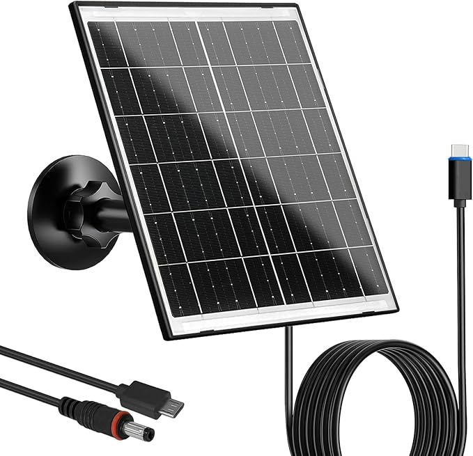 Zivif Solar Panel for Security Camera, 10W Solar Charger Compatible with Battery-Powered Camera, USB-C, Micro USB & DC 5.5x2.1mm Port, 360° Adjustable Mount, 7.2ft Cable