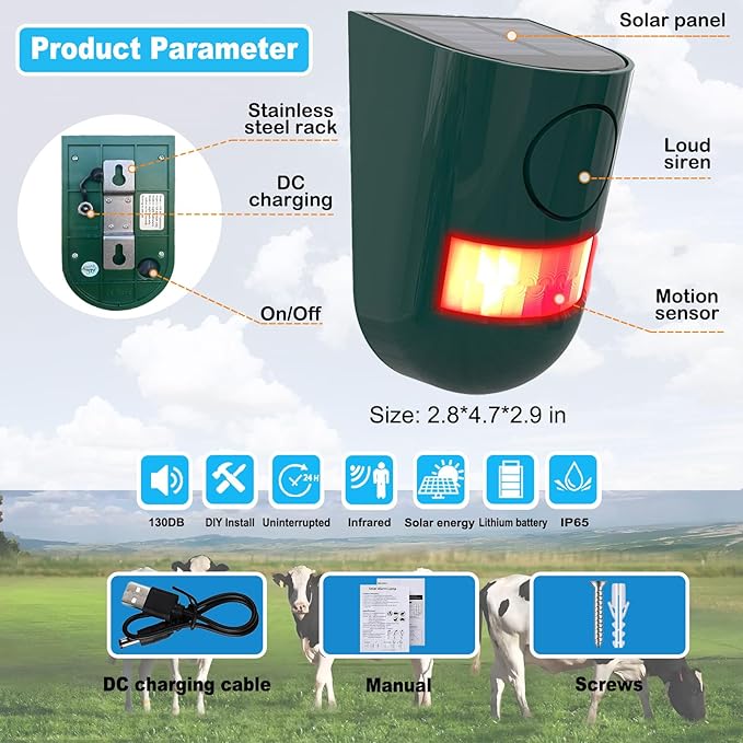 Solar Outdoor Motion Sensor Alarm, 130 dB Siren Sound Alert & 6 LEDs Flash Warning Strobe Motion Activated Alarm for Farm Yard, 4 Pack