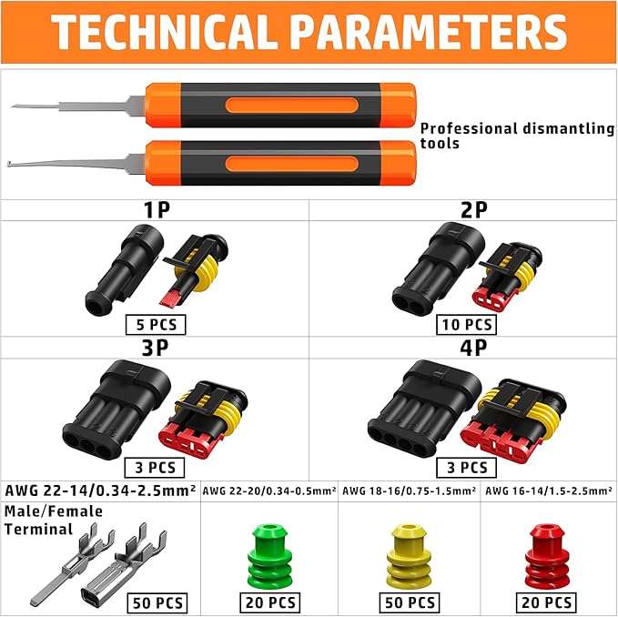 PEBA Waterproof Automotive Electrical Connectors Kit, Automotive Male/Female 1/2/3/4-Pin & Connector Plug and Ratchet Crimping Tool AWG 22-14, Ideal for Cars, Motorcycles & Boats | Pin Removal Tool