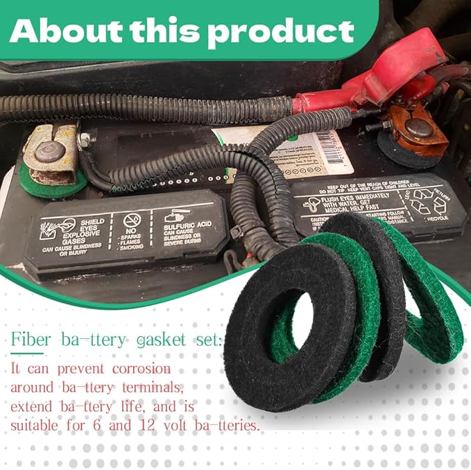 8PCS Battery Terminal Anti Corrosion Washers Fiber, Battery Terminal Protector, 4 Red & 4 Green Battery Terminal Protector for Protecting Battery Terminal, Universal Accessories (Black+Green, 12PCS)
