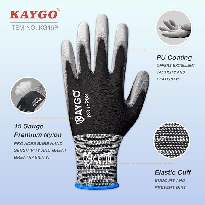 KAYGO Work Gloves PU Coated 12 Pairs, KG15P,Nylon Liner with Flexible Polyurethane Coating,Safety Work Gloves for DIY, Assembly, Warehouse, Light Duty Work (M,Black)