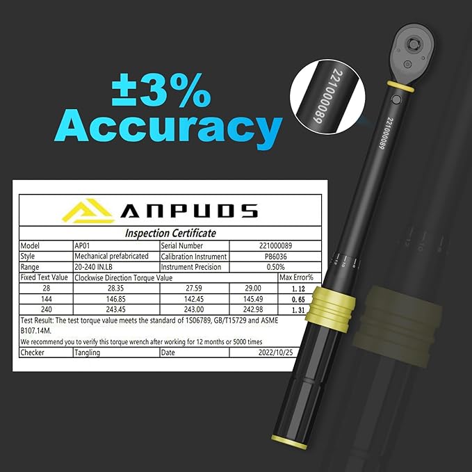 1/4 Inch Click Torque Wrench, 20-240 in.lb/2.3-27.1 Nm, Lightweight Small Bike Tool, ±3% Accuracy, 72-Tooth Dual Direction Inch Pound Torque Wrench for Carbon Fiber Bicycle, MTB Maintenance