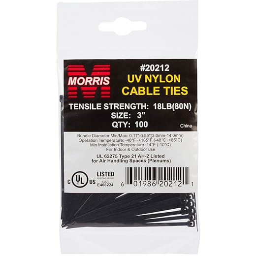 Morris Products Ultraviolet Black Nylon Cable Ties – 11 Inch Length –Heavy Duty, 250-Pound Tensile Strength – 3.19 Max Bundle Diameter - Cable Organization – UV Safe, UL Approved – Pack of 100