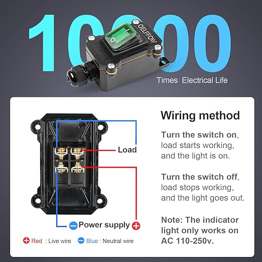 Waterproof On Off Toggle Switch with Green Light Rocker Button Inline Cord Switch DPST AC/DC 20A-125V,16A-250V,30A-24V,35A-12V, IP66