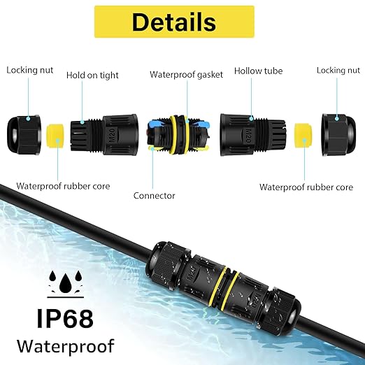 NineLeaf 96PK Waterproof Electrical Cable Connector 3-Pin Push-in Type, IP68 Underground M20 Wire Connector 5-12mm, Fast Press-fit Extension Plug for Outdoor Road and Garden Lighting