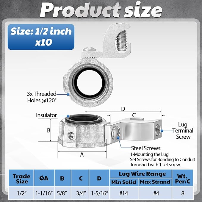 Blulu 10 Pcs 1/2 Inch Insulated Grounding Bushing with Adjustable Lay in Lug Zinc Plated Malleable Iron Grounding Ground Bond Bushing