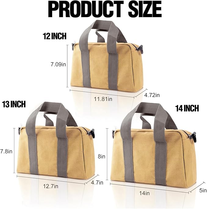 Small Tool Bag, Canvas Tool Storage Bag, Large Capacity Multipurpose Zipper Soft Tote Organizer Pouch for Electrician, Plumbing, Gardening,Tools Bags for Men (Khaki, 13 Inch)