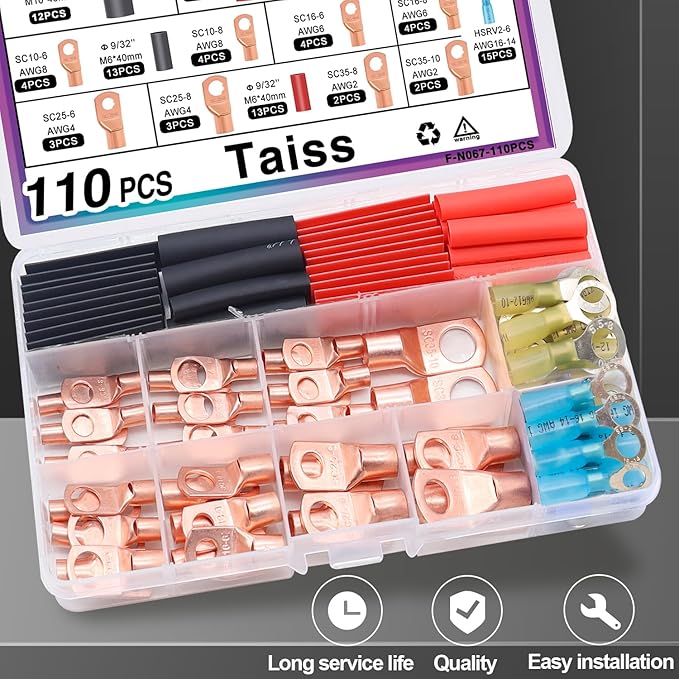 Taiss 110PCS Copper Wire Lugs,battery lugs AWG 2/4/6/8/10/12/14/16 Gauge Copper lugs Assortment,Battery Cable Ends Copper Ring Terminals Connectors with Heat Shrink