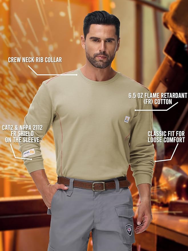 FR Shirts for Men CAT2/HRC2 6.5oz Lightweight Fire Resistant Shirts for Men Long Sleeve Crewneck T-Shirt