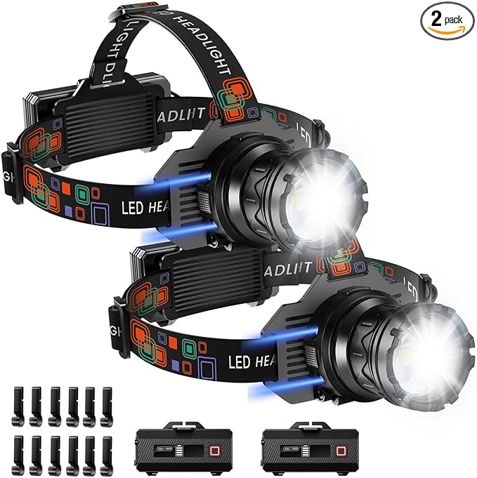 2Pack Rechargeable Headlamp Super Bright, 3000LM Motion Sensor Head Lamp with 9 Modes, Zoomable Headlamp for Adults 90° Adjustable, IPX7 Waterproof High Power Head Light for Fishing Camping