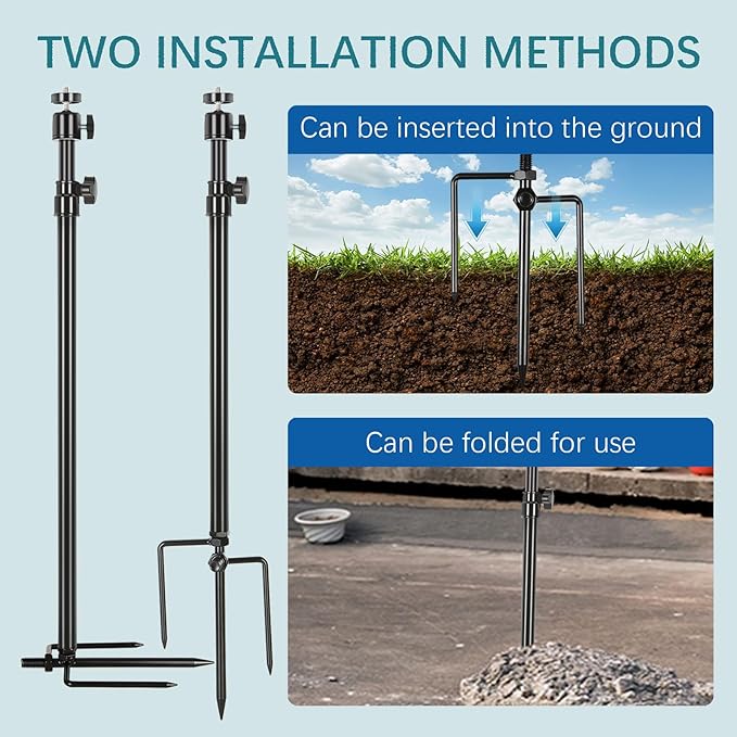 3 Pack Ground Stake Mount Stand, 360° Adjustable Universal Thread Connection 1/4''-20 (6 mm) Foldable Stainless Steel Bracket for Outdoor Security Cameras, Solar Panels & Fishing Lights