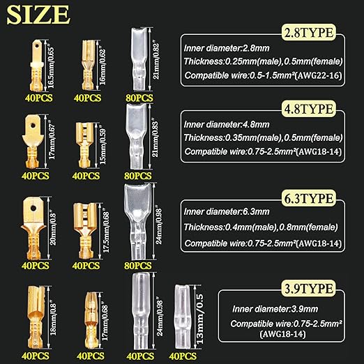 Twidec/640Pcs 2.8/4.8/6.3mm Quick Splice Male and Female Wire Spade Connector Crimp Terminal & Bullet Connectors Terminals Crimp Block Kit Golden with Insulating Sleeve Wiring Car Speaker N-001