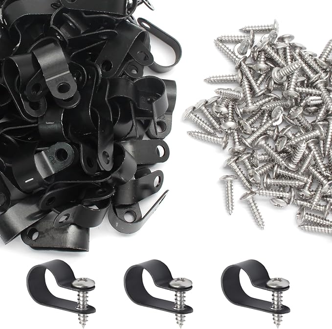 100 Pcs 1/2 Inch Black Nylon Screw Mounting R-type Cable Clip Wire Clamp, 13.2mm Cable Clip Wire Clamp for Wire Management, Stainless Steel Screws Included