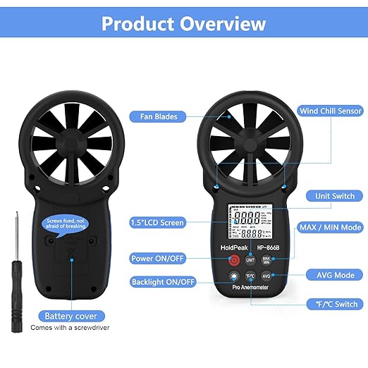 HoldPeak 866B Handheld Anemometer with Tripod, Digital Wind Speed Gauge Meter, Air Flow Velocity Temperature CFM Measuring Device for HVAC Outdoor Sailing Shooting Golf