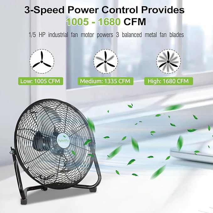 hykolity 1680 CFM 12" High Velocity Floor Fan, 3-Speed Powerful Airflow Fan with 180-Degree Tilt, Heavy Duty Metal Fan for Home, Bedroom, Residential Use