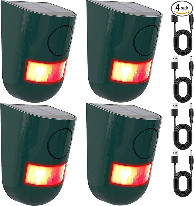 Solar Outdoor Motion Sensor Alarm, 130 dB Siren Sound Alert & 6 LEDs Flash Warning Strobe Motion Activated Alarm for Farm Yard, 4 Pack