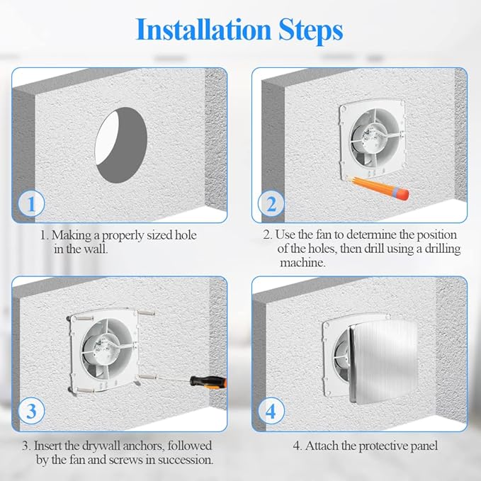 WiseWater Bathroom Exhaust Fan, 110V ac 140CFM 6” Duct 7.6" Panel Extractor Fan, Ceiling&Wall Mounted Ventilation Fan for Bathroom, Laundry Room, Office