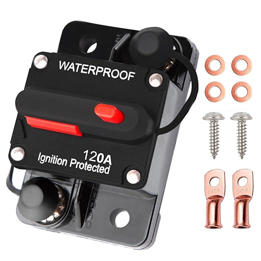 120 Amp Circuit Breaker with Manual Reset Waterproof Inline Fuse for Car Boat Trolling Motor ATV Manual Power Protect for Audio System Fuse, 12V-48V DC