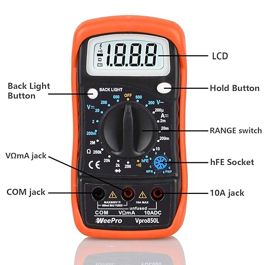 Vpro850L Digital Multimeter DC AC Voltmeter, Ohm Volt Amp Test Meter, Electric Tester Ohmmeter with Diode and Continuity Detector, Backlit Display and Insulated Rubber Case Kickstand