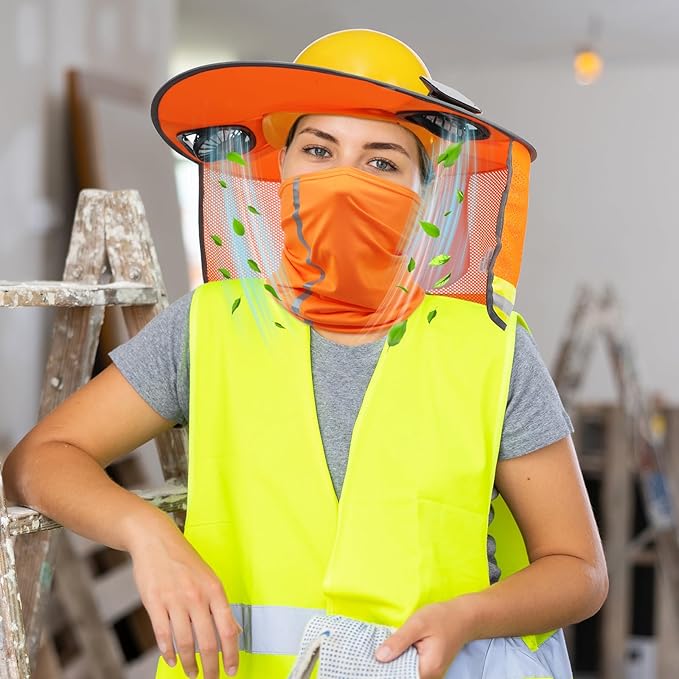 1 Set Sun Hard Hat Shade Full Brim Hard Hat Sun Visor with Solar Fan and Neck Sunshade Cover High Visibility Full Brim Mesh with Reflective Strip Summer Protect Accessory(Orange)