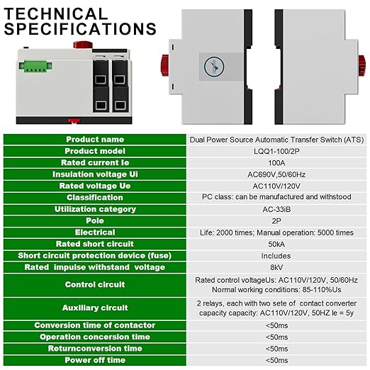 AC110V 100Amp Automatic/Manual Transfer Switch 2P 50/60Hz, 2Poles Mini ATS Auto Dual Power Switch Automatic Changeover Fast Transfer for Home Generator, Soalr, Rv and Lv Power