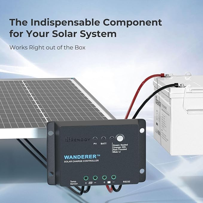 Renogy 12V 30A PWM Solar Charge Controller – Wanderer Li with Temp Sensor, 4-Stage Charging for Lithium/Gel/Flooded Batteries, Overload/Short Circuit/Reverse Polarity Protection