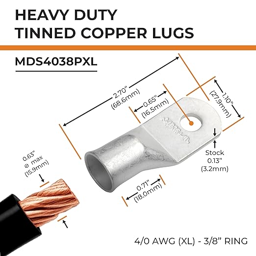 SELTERM 2pcs 4/0 AWG(XL) 3/8" Stud Battery Lugs,Ring Terminals,Heavy Duty Copper Wire Lugs,Battery Cable Ends, 0000 Gauge Ring Terminal Connectors,UL Bare Copper Eyelets Electrical Battery Cable Lugs