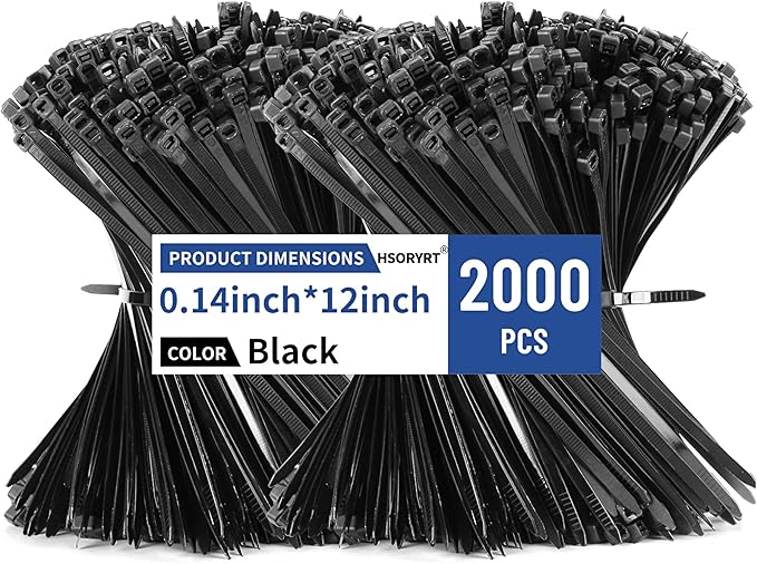 2000pcs Cable Ties, 12 inch Zip Ties Heavy Duty, 40lbs Black Multi-Purpose Self-Locking Nylon Cable Management, UV Resistant Wire Ties, Plastic Ties for Home, Garage, Garden, Office, Workshop